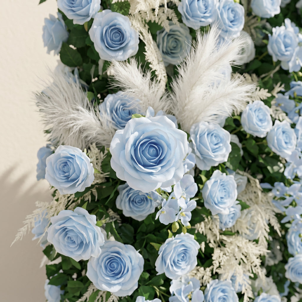 Zarenviane:Luxury 5D Dusty Blue Floral Wall with Greenery Roll-Up Backdrop for Serene Garden Weddings