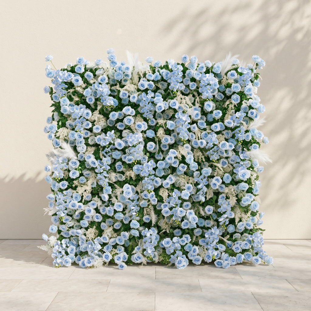 Zarenviane:Luxury 5D Dusty Blue Floral Wall with Greenery Roll-Up Backdrop for Serene Garden Weddings