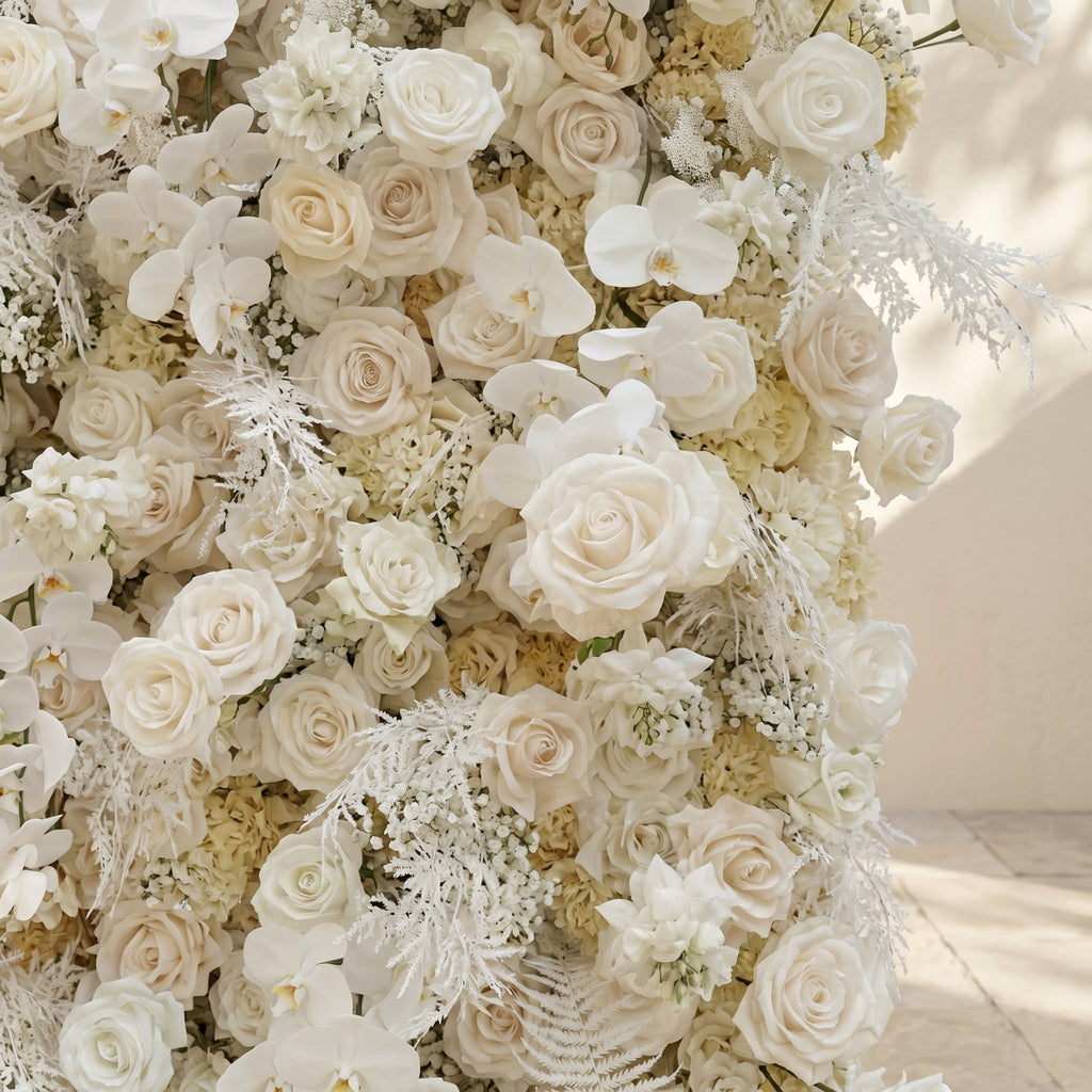 Zelaria:5D Cream White & Ivory White Silk Rose Flower Wall Roll-Up Fabric Backdrop for Romantic Weddings & Proposals