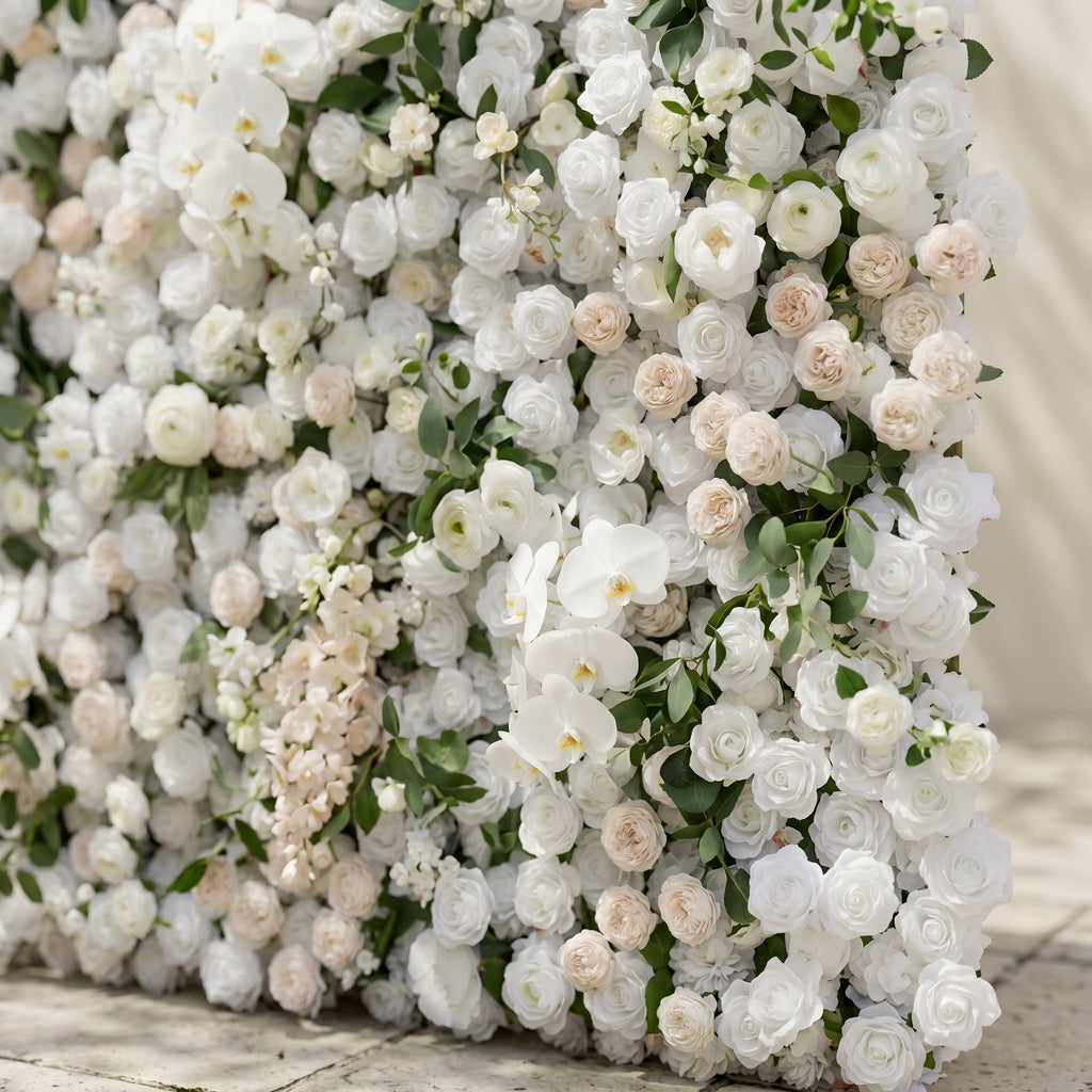 Zelloria:5D Ivory White & Cream White Silk Rose Flower Wall Roll-Up Fabric Backdrop for Romantic Weddings & Proposals