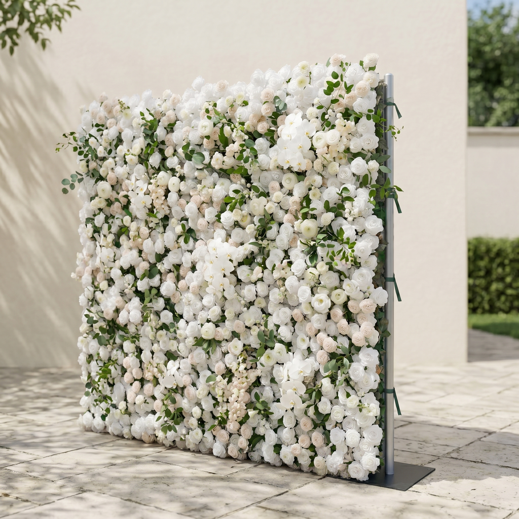 Zelloria:5D Ivory White & Cream White Silk Rose Flower Wall Roll-Up Fabric Backdrop for Romantic Weddings & Proposals