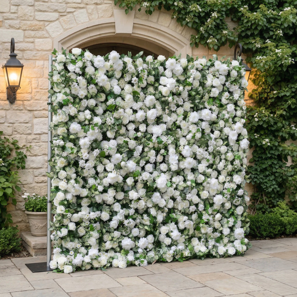Zirel: 3D Timeless White Flower Wall with Greenery Roll-Up Fabric Backdrop for Luxury Events & Garden Wedding Decor