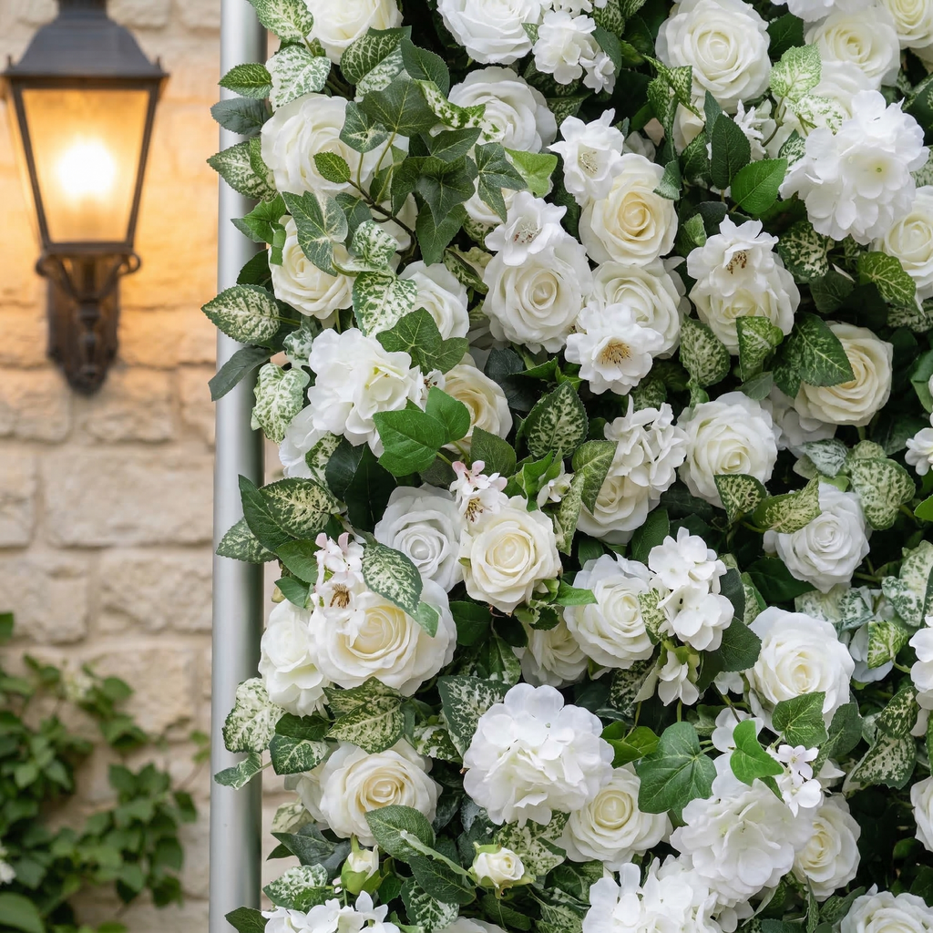Zirel: 3D Timeless White Flower Wall with Greenery Roll-Up Fabric Backdrop for Luxury Events & Garden Wedding Decor