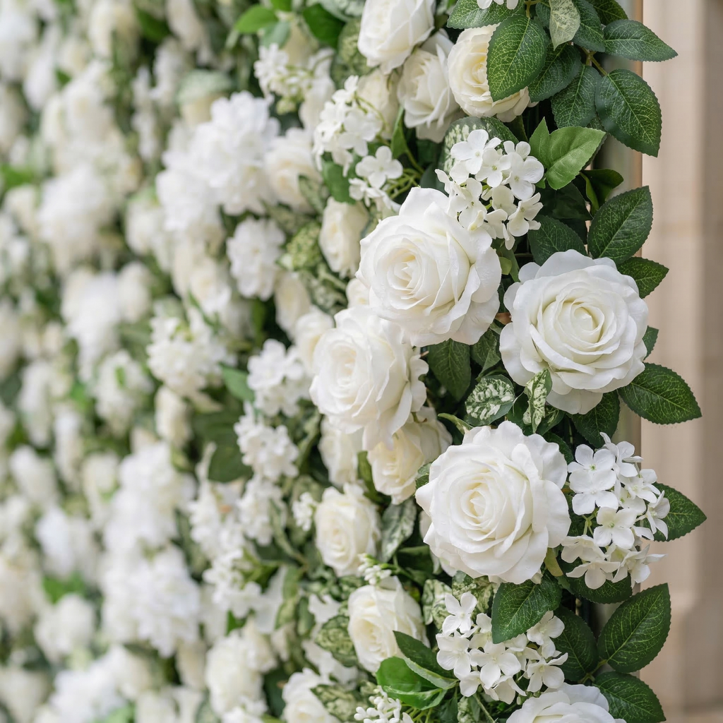 Zirel: 3D Timeless White Flower Wall with Greenery Roll-Up Fabric Backdrop for Luxury Events & Garden Wedding Decor