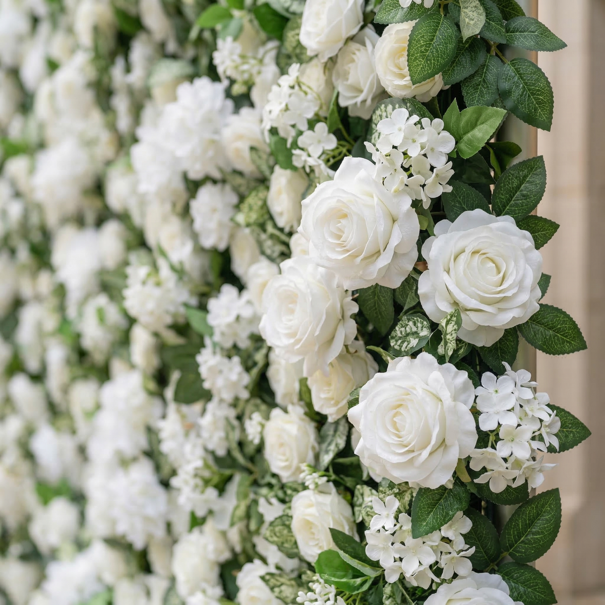 Zirel: 3D Timeless White Flower Wall with Greenery Roll-Up Fabric Backdrop for Luxury Events & Garden Wedding Decor