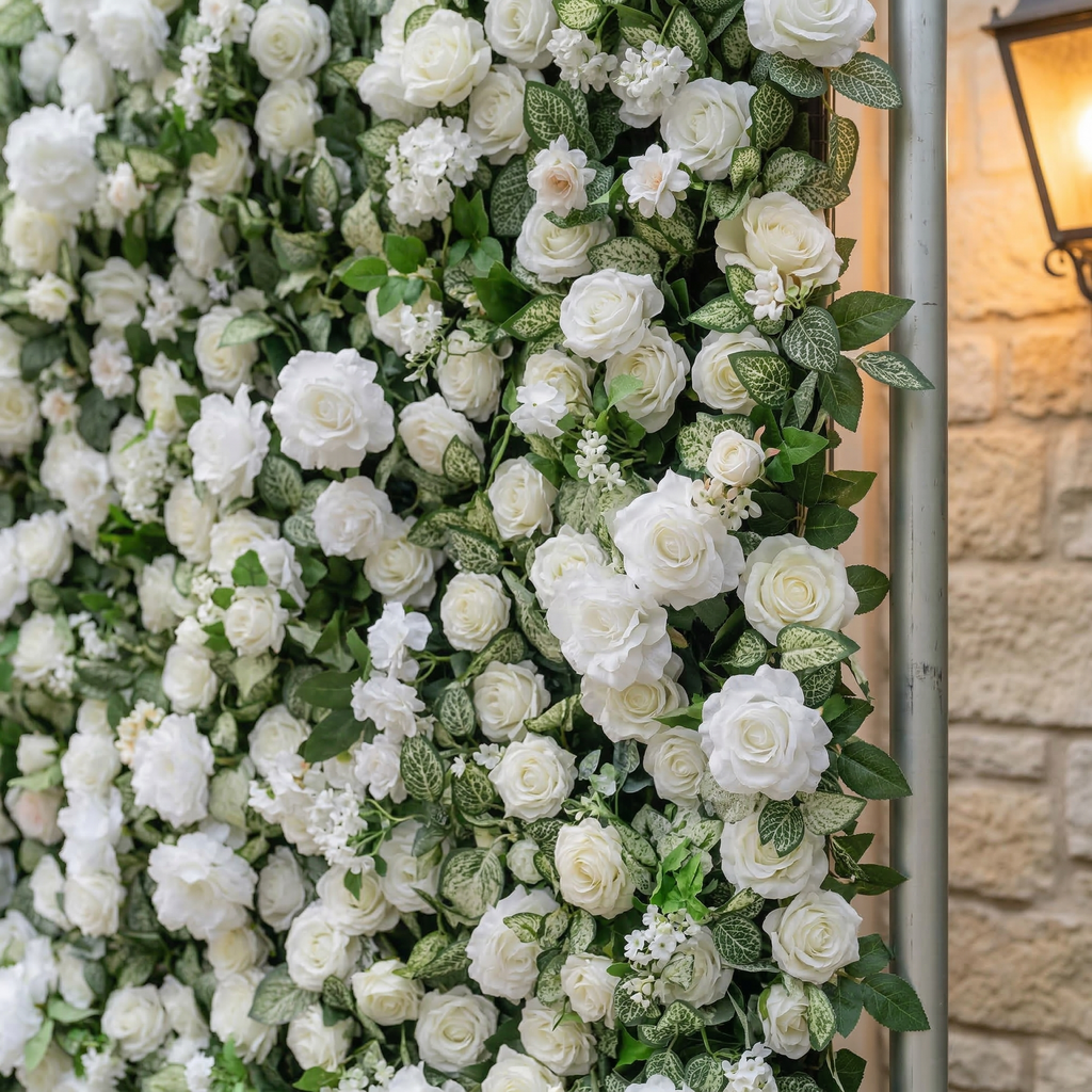 Zirel: 3D Timeless White Flower Wall with Greenery Roll-Up Fabric Backdrop for Luxury Events & Garden Wedding Decor