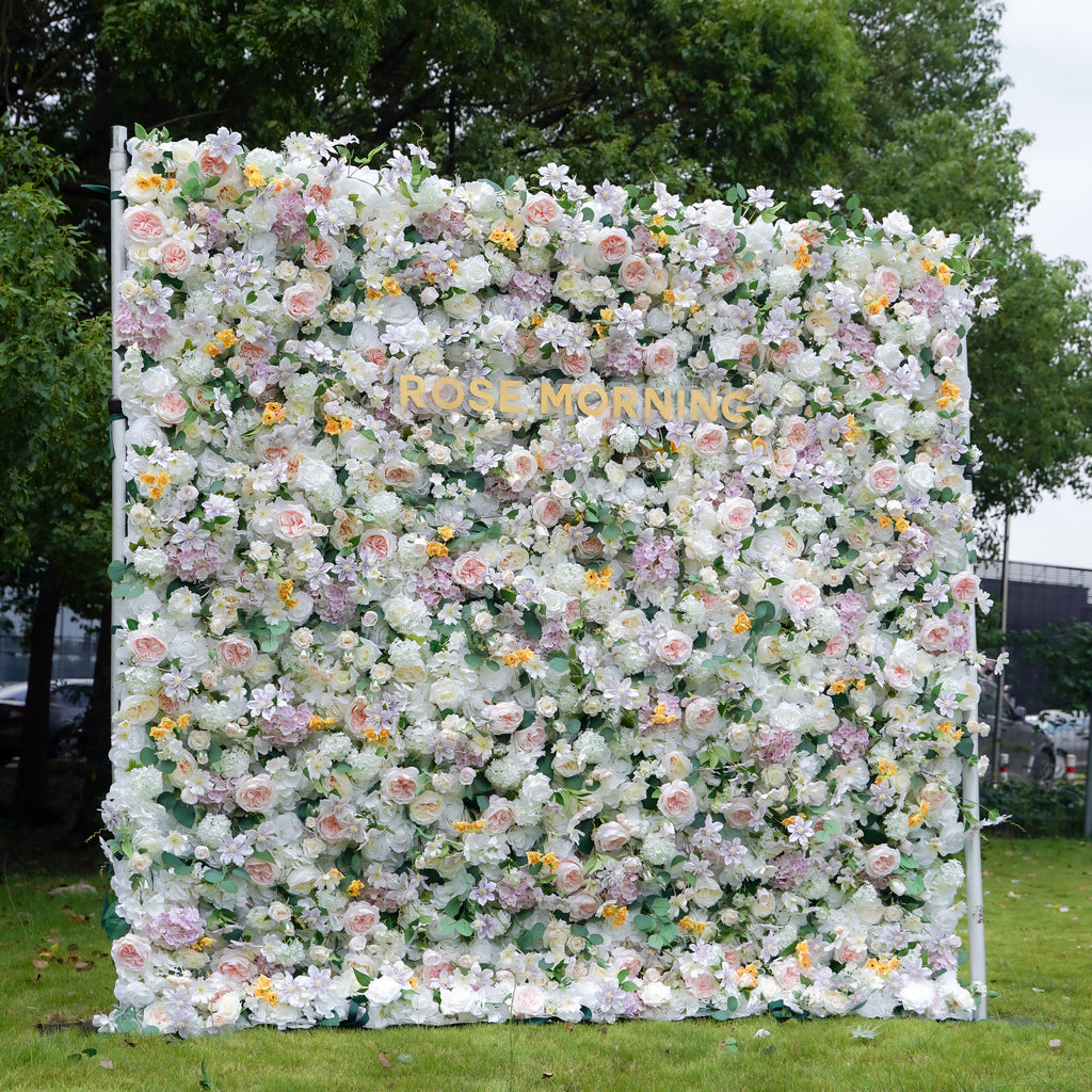Alexa：7D Fabric Artificial rolling up curtain flower wall