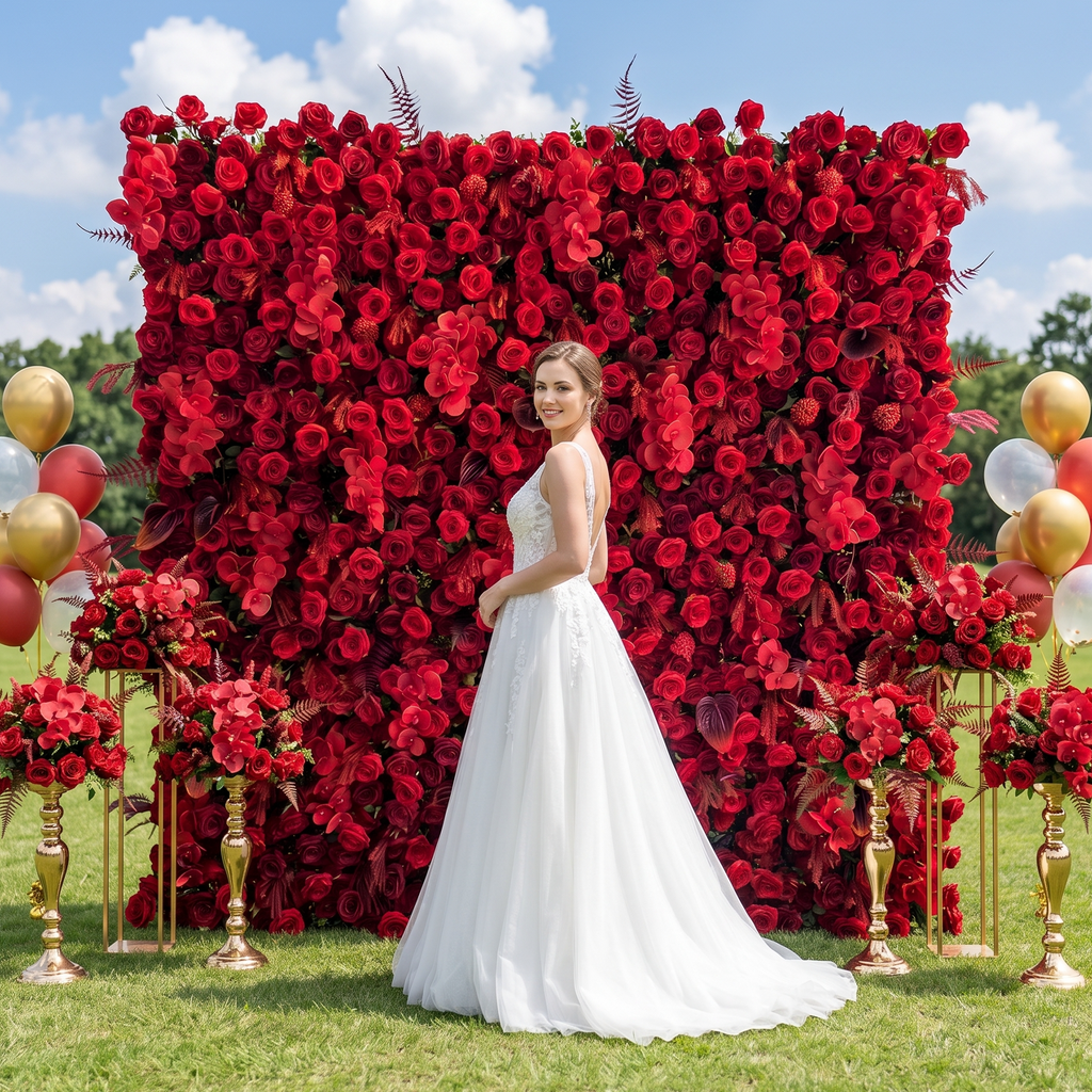 Crimson: 3D Elegant Berry & Burgundy Rose Silk Flower Wall Curtain for Wedding Ceremony & Events Decor (In US Stock 5-7 Days)