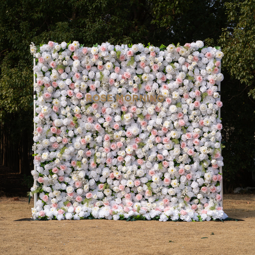 Céline: 3D Elegant White & Blush Pink Silk Rose Flower Wall Roll-Up Fabric Backdrop for Luxury Weddings & Events(In Us Stock & Shipping 5-7 Days)
