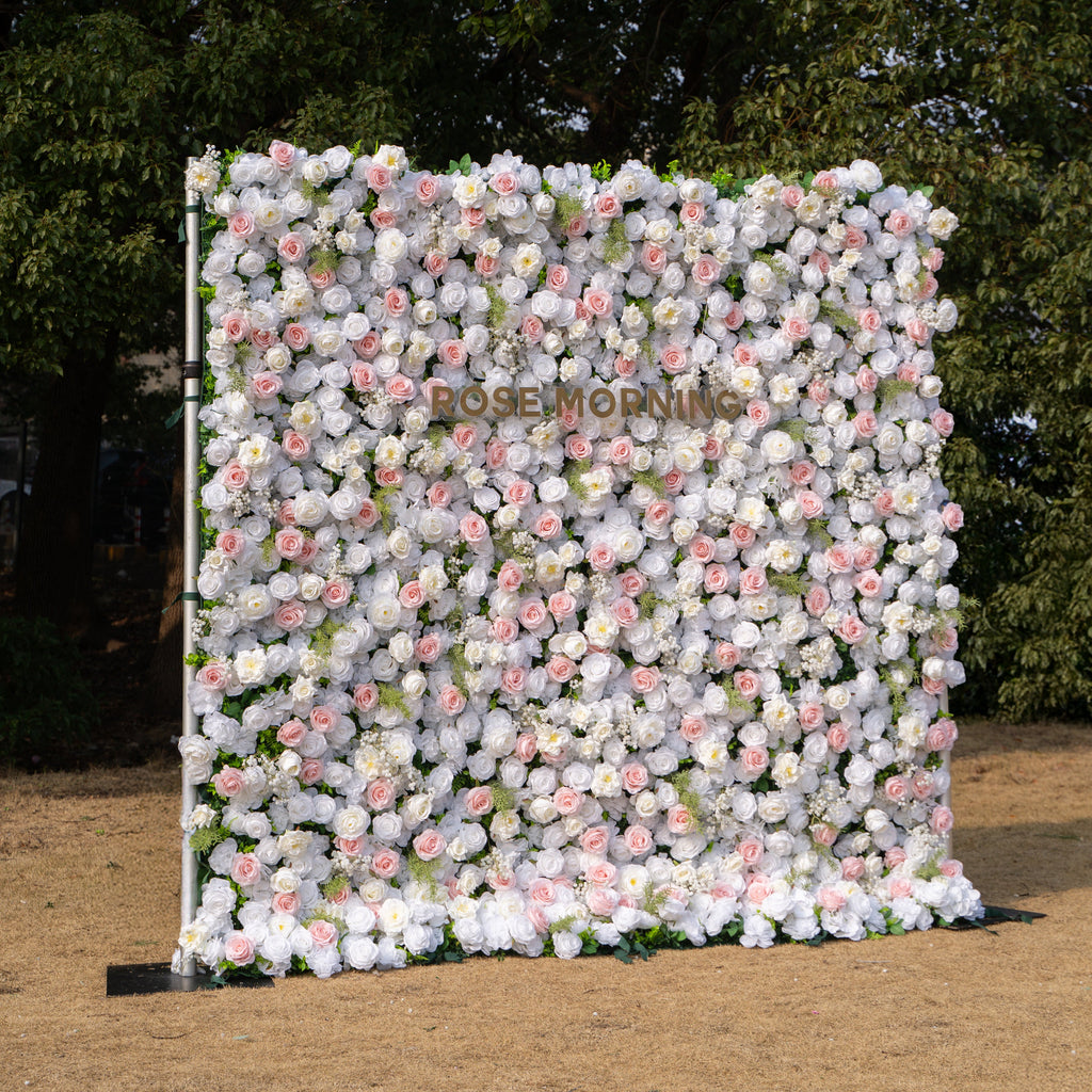 Céline: 3D Elegant White & Blush Pink Silk Rose Flower Wall Roll-Up Fabric Backdrop for Luxury Weddings & Events(In Us Stock & Shipping 5-7 Days)