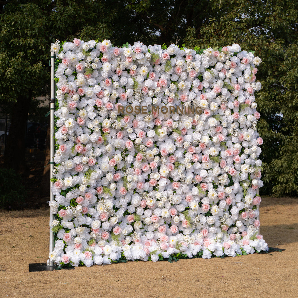 Céline: 3D Elegant White & Blush Pink Silk Rose Flower Wall Roll-Up Fabric Backdrop for Luxury Weddings & Events(In Us Stock & Shipping 5-7 Days)