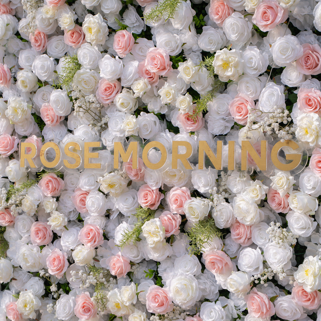 Céline: 3D Elegant White & Blush Pink Silk Rose Flower Wall Roll-Up Fabric Backdrop for Luxury Weddings & Events(In Us Stock & Shipping 5-7 Days)