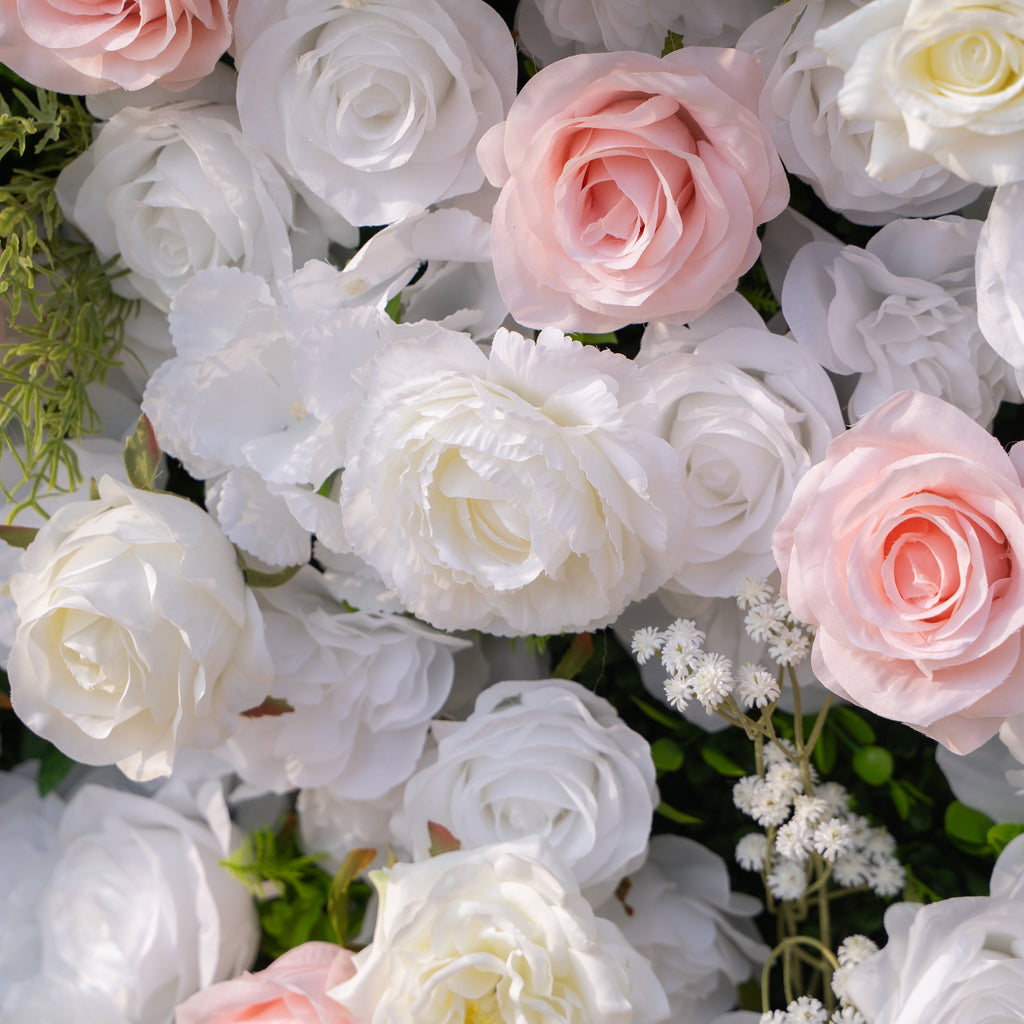 Céline: 3D Elegant White & Blush Pink Silk Rose Flower Wall Roll-Up Fabric Backdrop for Luxury Weddings & Events(In Us Stock & Shipping 5-7 Days)