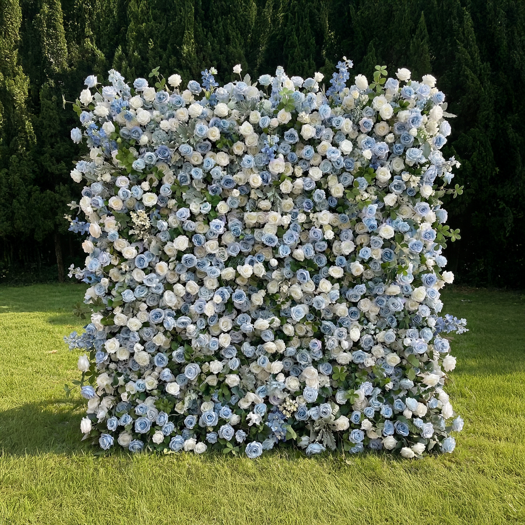 Corin: Luxury 5D Serene Blue & Cream Silk Floral Wall Roll-Up Fabric Backdrop for Seaside Weddings & Events