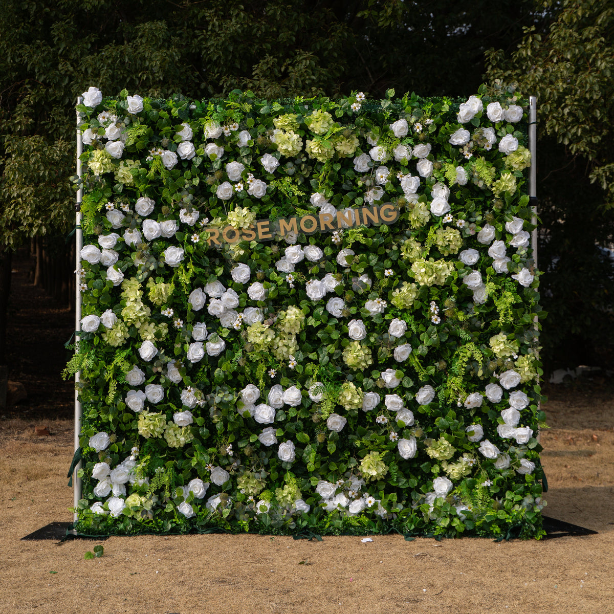 Cressida: 3D Elegant White Silk Rose & Greenery Foliage Wall Roll-Up Fabric Backdrop for Luxury Weddings, Parties & Botanical Decor