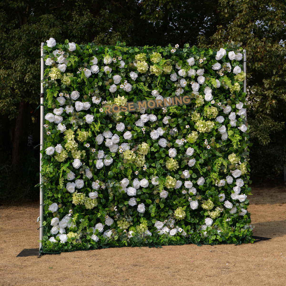 Cressida: 3D Elegant White Silk Rose & Greenery Foliage Wall Roll-Up Fabric Backdrop for Luxury Weddings, Parties & Botanical Decor