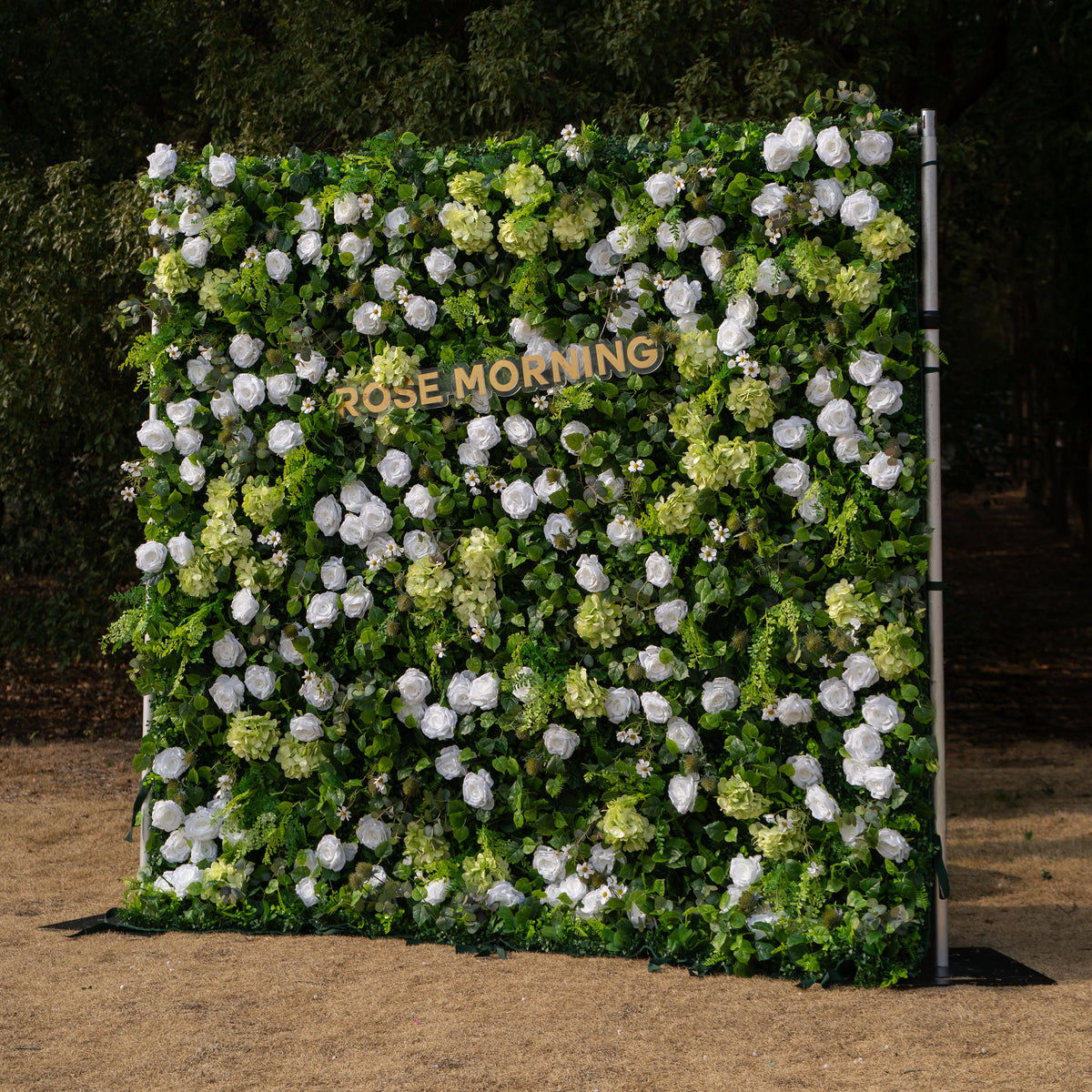 Cressida: 3D Elegant White Silk Rose & Greenery Foliage Wall Roll-Up Fabric Backdrop for Luxury Weddings, Parties & Botanical Decor