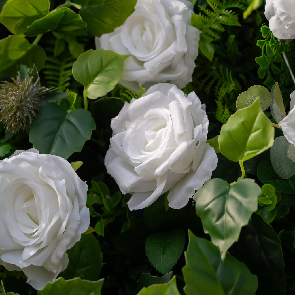 Cressida: 3D Elegant White Silk Rose & Greenery Foliage Wall Roll-Up Fabric Backdrop for Luxury Weddings, Parties & Botanical Decor