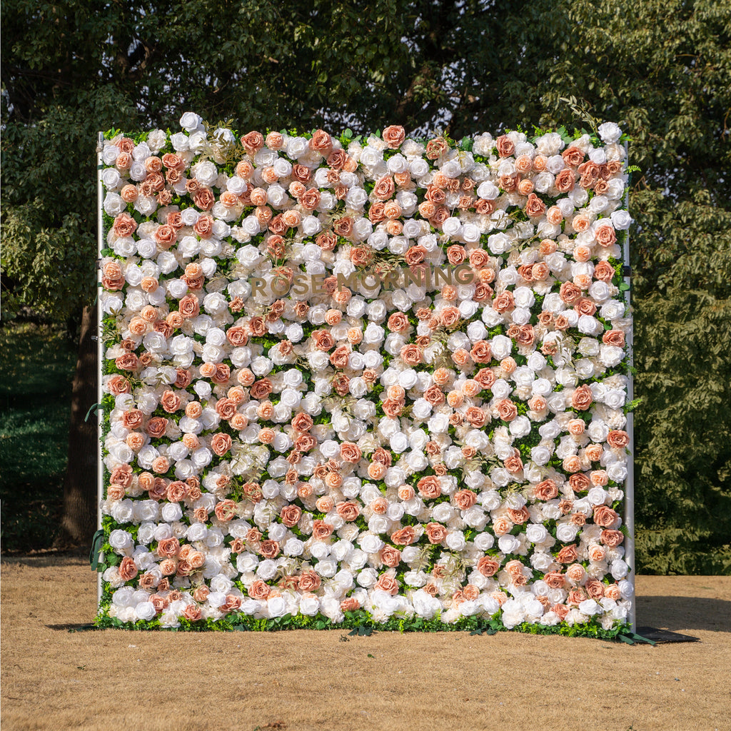 Elara: 3D Champagne & White Silk Rose Roll-Up Curtain Floral Wall Backdrop for Wedding Party & Event Decor(Delivery in 5-7 Days Only USA))