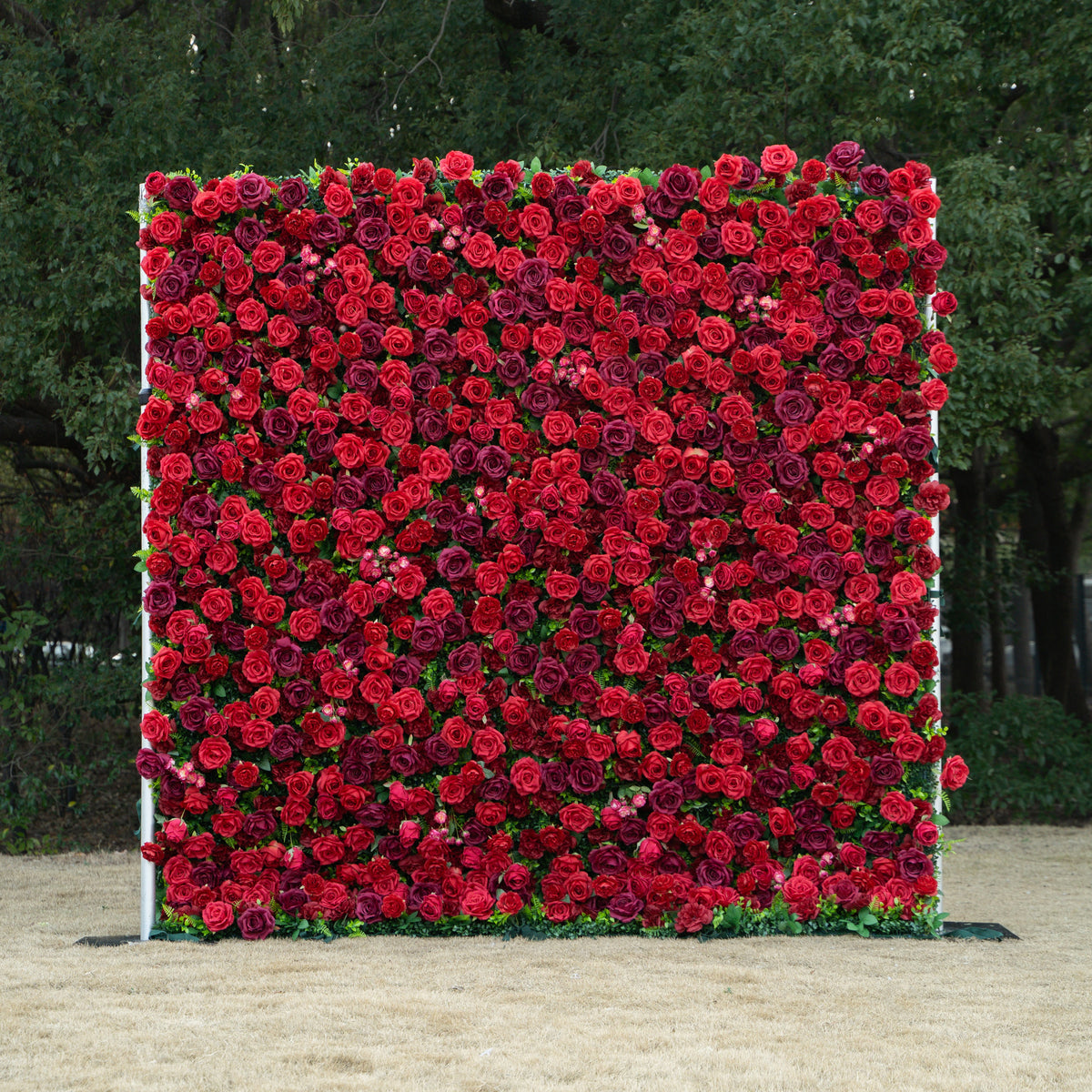 Elysia: 3D Luxury Burgundy Silk Rose Flower Wall Roll-Up Fabric Backdrop for Romantic Weddings & Events