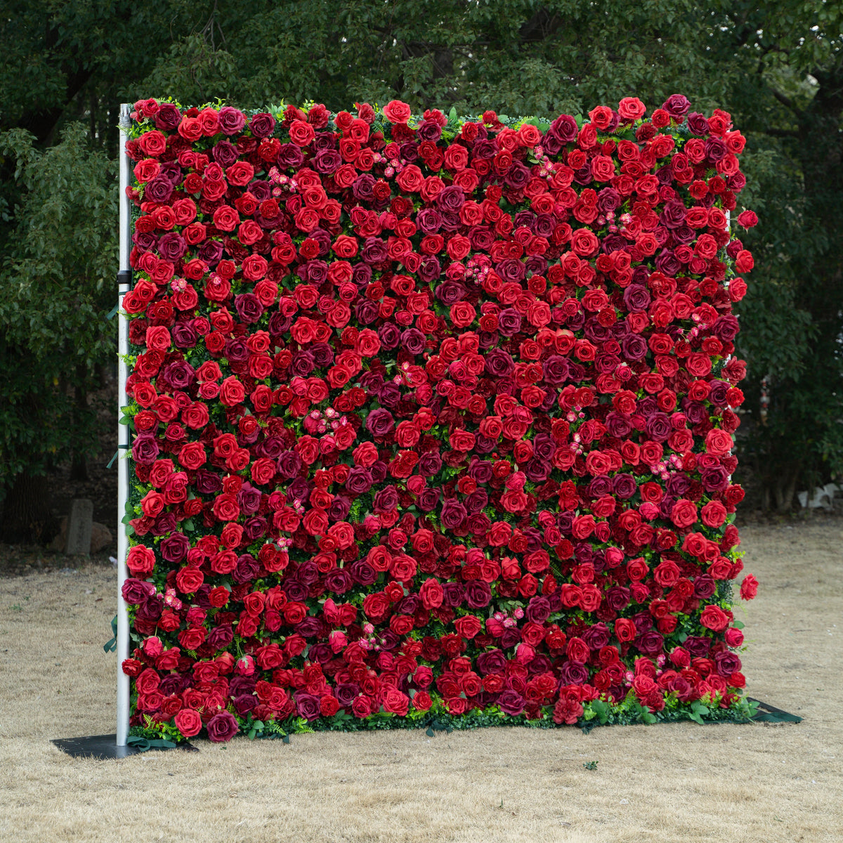 Elysia: 3D Luxury Burgundy Silk Rose Flower Wall Roll-Up Fabric Backdrop for Romantic Weddings & Events