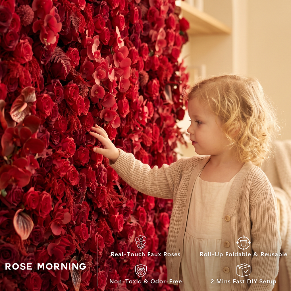 Crimson: 3D Elegant Berry & Burgundy Rose Silk Flower Wall Curtain for Wedding Ceremony & Events Decor (In US Stock 5-7 Days)