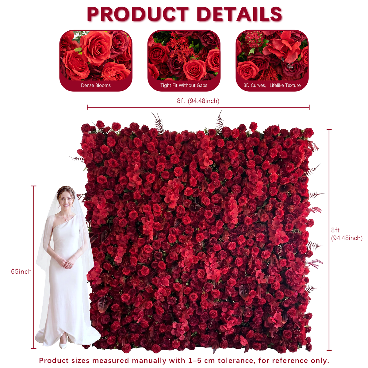 Crimson: 3D Elegant Berry & Burgundy Rose Silk Flower Wall Curtain for Wedding Ceremony & Events Decor (In US Stock 5-7 Days)