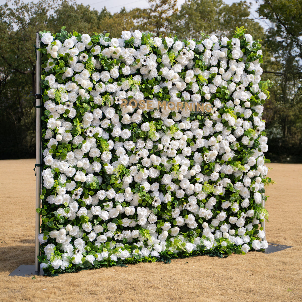 Liora: 3D White Rose & Greenery Roll-Up Curtain Artificial Floral Wall for Garden Wedding & Party Decor