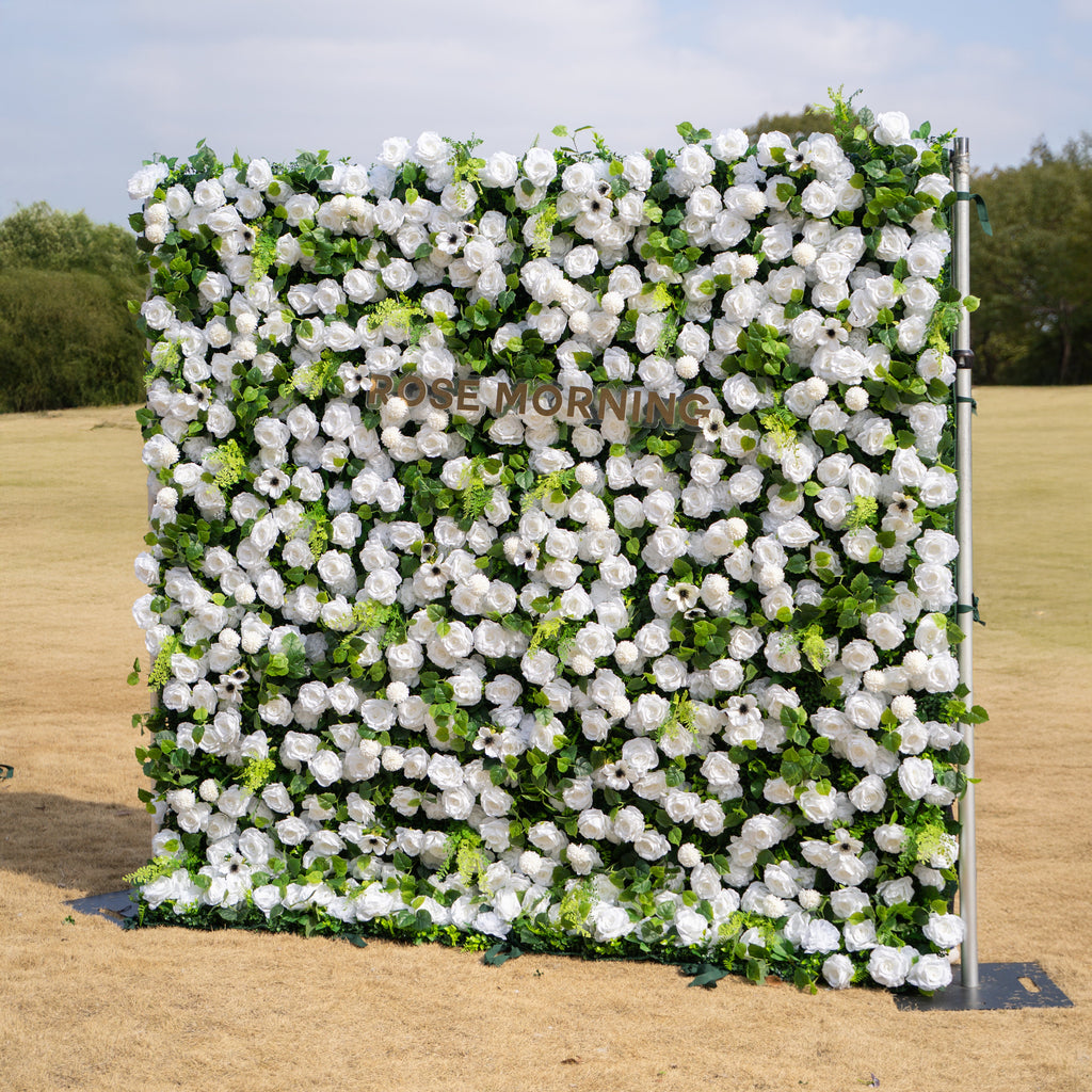 Liora: 3D White Rose & Greenery Roll-Up Curtain Artificial Floral Wall for Garden Wedding & Party Decor