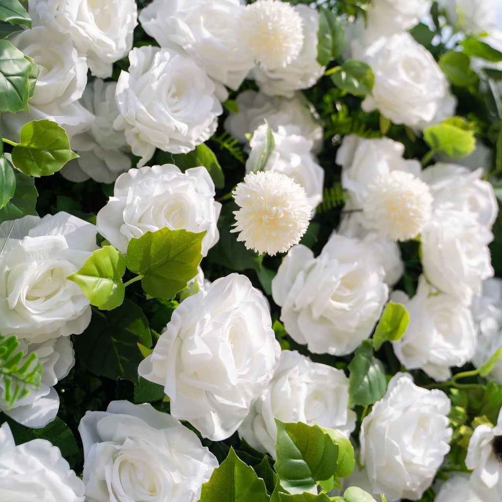 Liora: 3D White Rose & Greenery Roll-Up Curtain Artificial Floral Wall for Garden Wedding & Party Decor