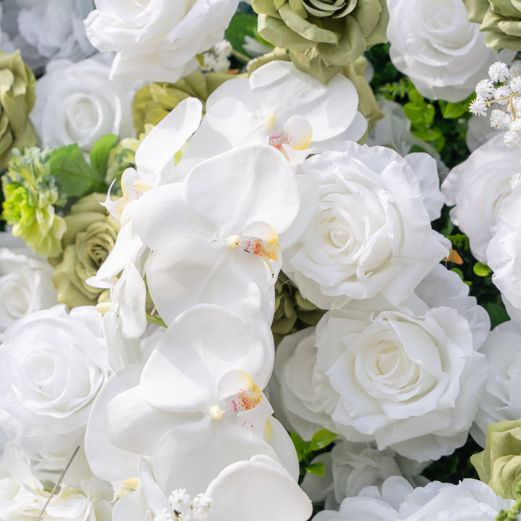 Lumi: 5D Sage Green & Cream Silk Floral Wall with Hanging Vines for Grand Forest Weddings & Garden Parties