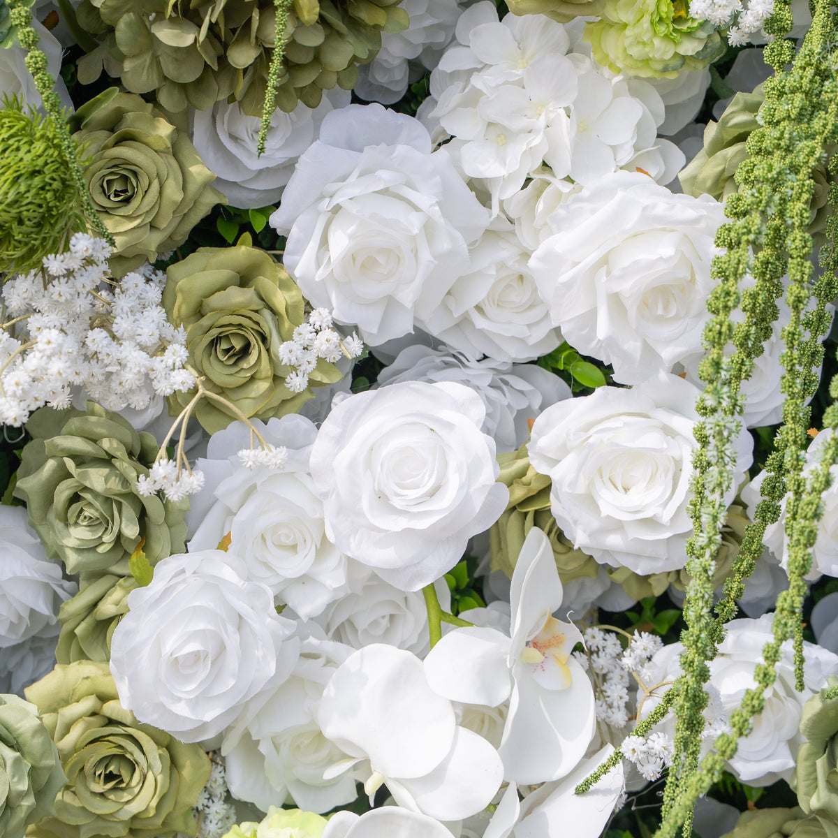 Lumi: 5D Sage Green & Cream Silk Floral Wall with Hanging Vines for Grand Forest Weddings & Garden Parties