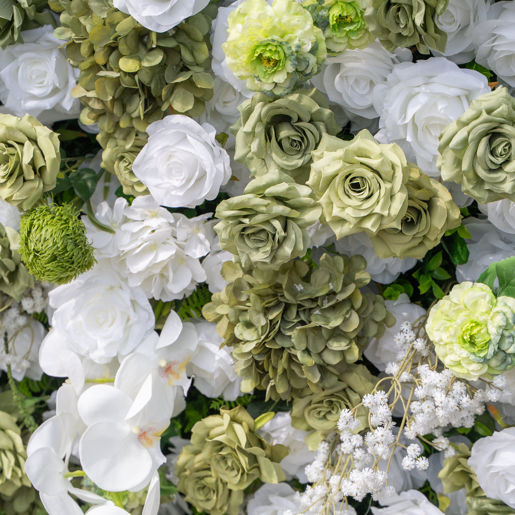 Lumi: 5D Sage Green & Cream Silk Floral Wall with Hanging Vines for Grand Forest Weddings & Garden Parties
