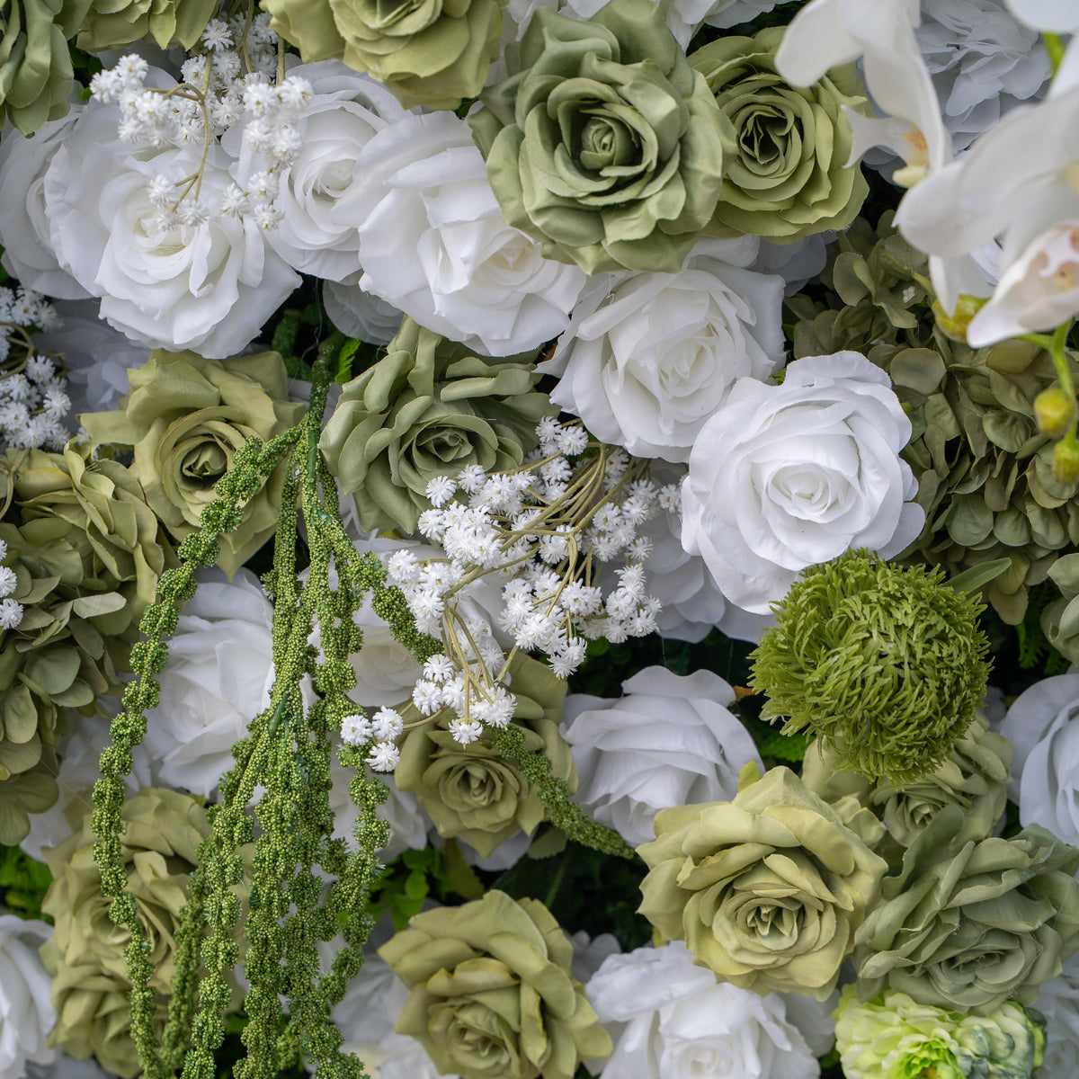 @askmeforaballoon’s Pick ✨ Lumi 5D Sage Green & Cream Floral Wall with Hanging Vines for Dreamy Garden Weddings