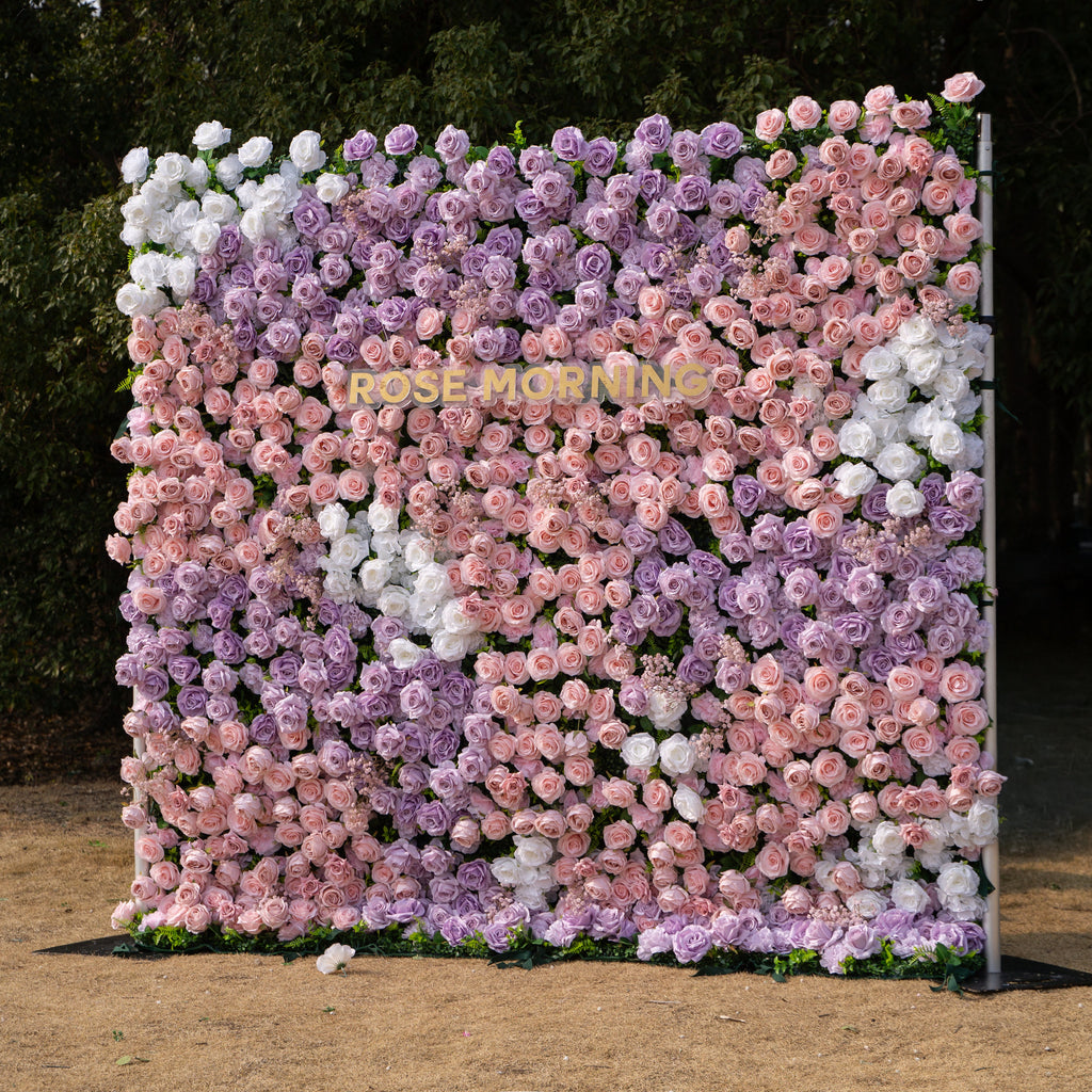 Maris: Luxury 3D Lavender & Blush Silk Rose Floral Wall Roll-Up Fabric Backdrop for Romantic Weddings & Bridal Showers