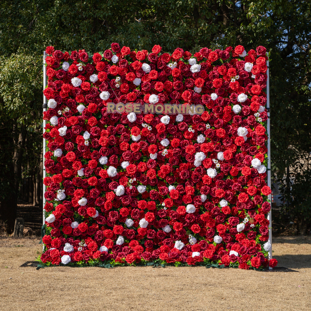 Meraki: 3D  Luxury Crimson Red & White Silk Floral Wall Roll-Up Fabric Backdrop for Grand Weddings & Valentine’s Events