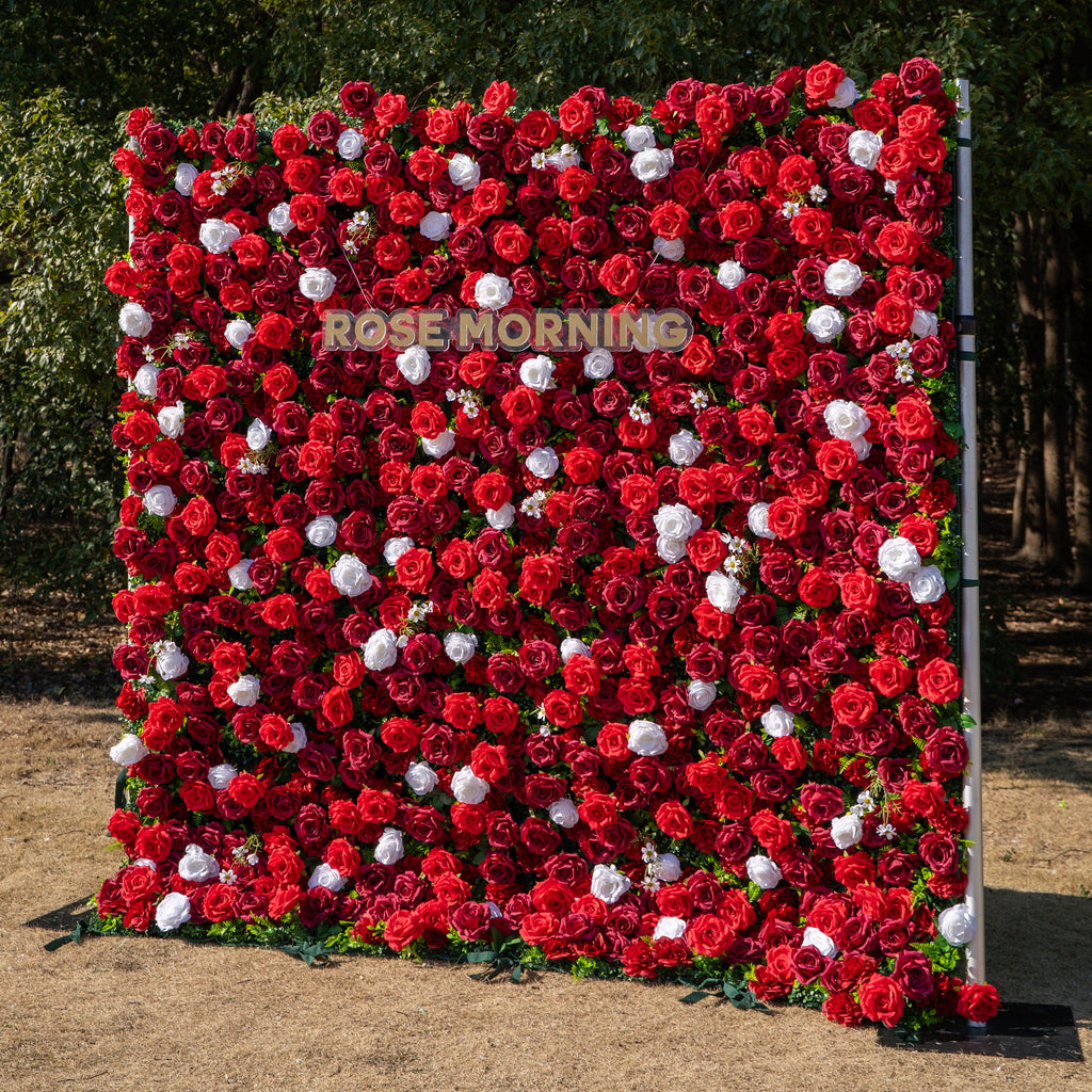 Meraki: 3D  Luxury Crimson Red & White Silk Floral Wall Roll-Up Fabric Backdrop for Grand Weddings & Valentine’s Events