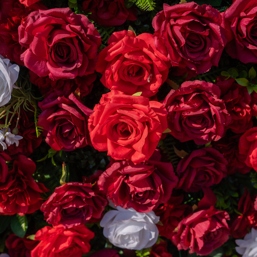 Meraki: 3D  Luxury Crimson Red & White Silk Floral Wall Roll-Up Fabric Backdrop for Grand Weddings & Valentine’s Events