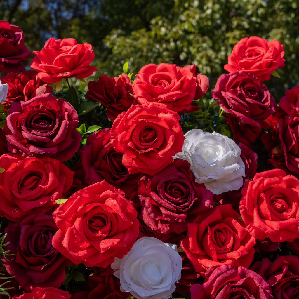 Meraki: 3D  Luxury Crimson Red & White Silk Floral Wall Roll-Up Fabric Backdrop for Grand Weddings & Valentine’s Events
