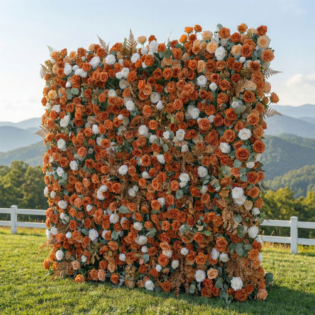 Morgan: Luxury 5D Terracotta & Cream Silk Rose Flower Wall Roll-Up Fabric Backdrop for Luxury Weddings & Garden Parties