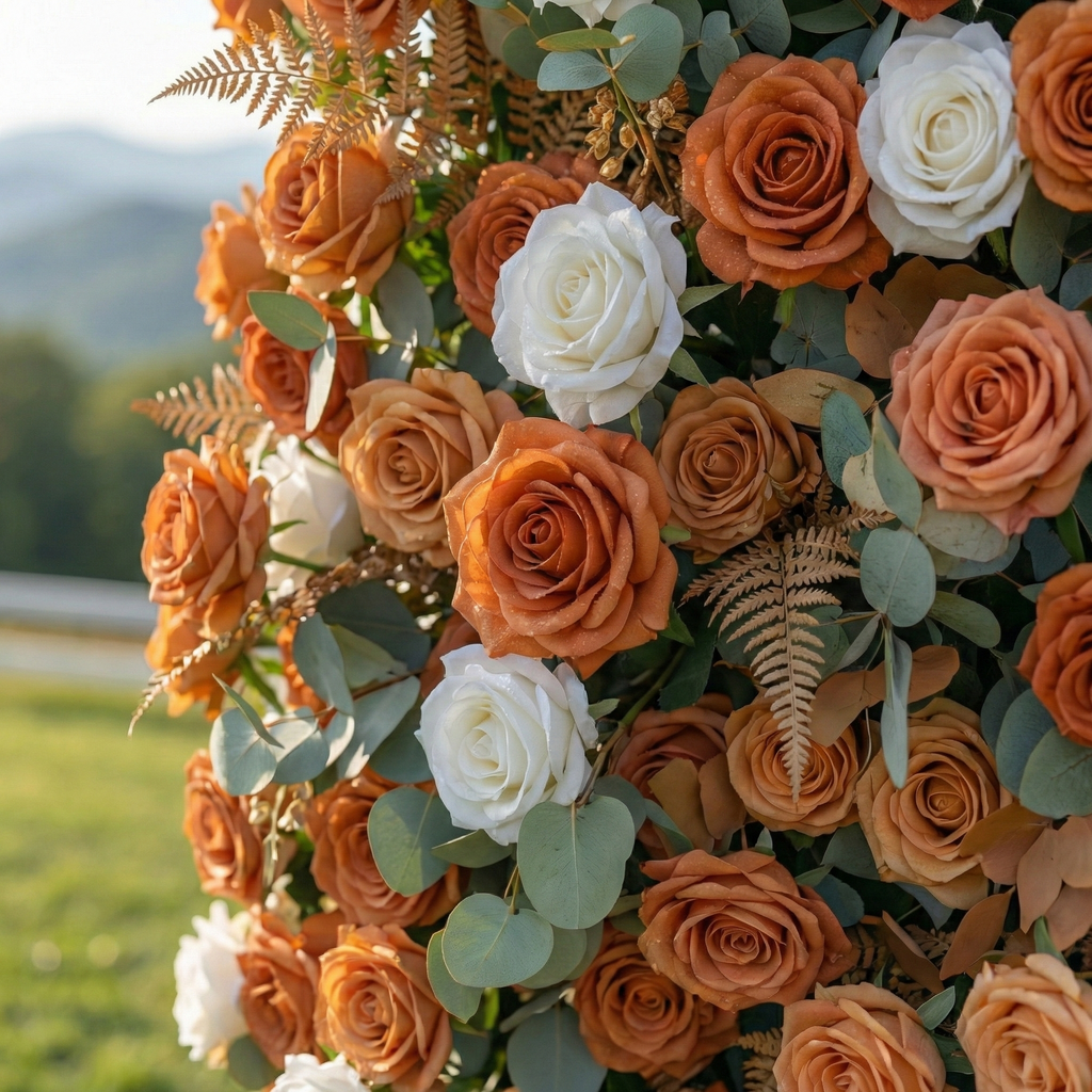 Morgan: Luxury 5D Terracotta & Cream Silk Rose Flower Wall Roll-Up Fabric Backdrop for Luxury Weddings & Garden Parties