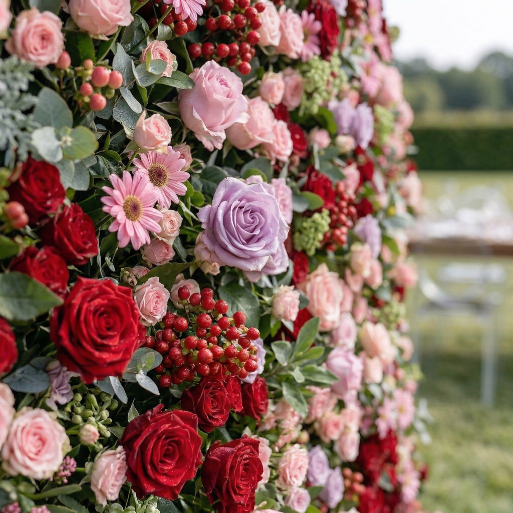 Nadine: 5D Berry & Pastel Pink Silk Floral Wall Roll-Up Fabric Backdrop for Grand Garden Weddings & Events