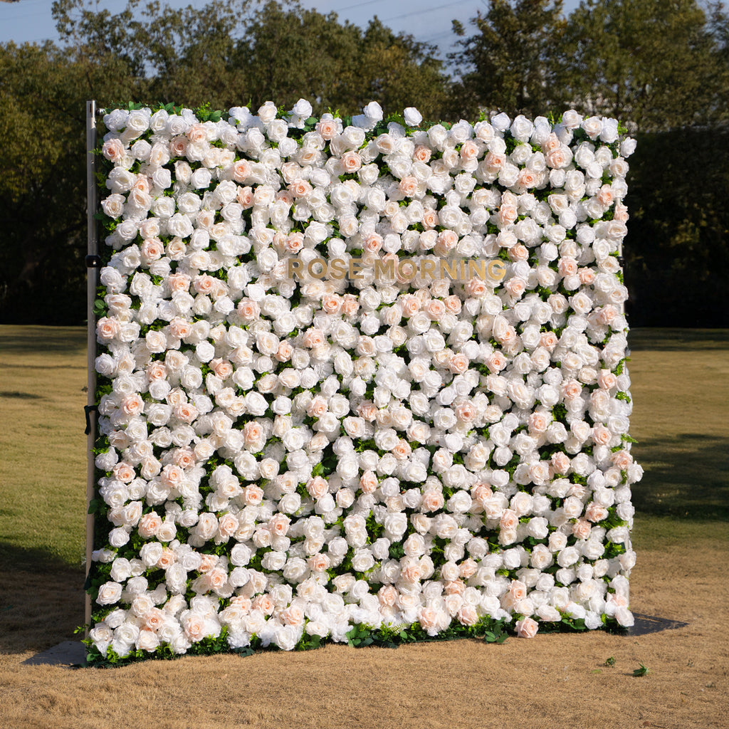 Nerina: 3D Elegant Ivory & Nude Silk Rose Flower Wall Roll Up Fabric Floral Curtain for Wedding Events Decor