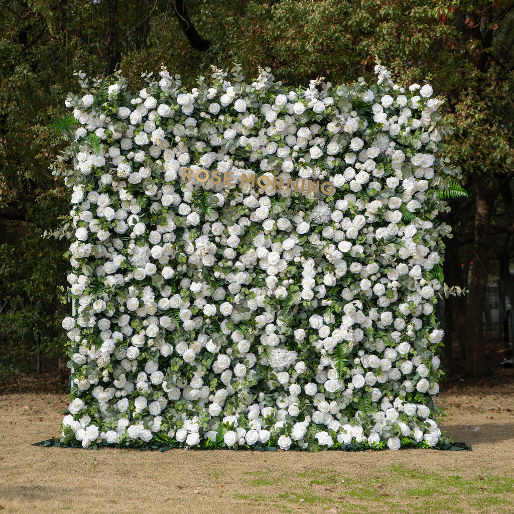 Orin: 5D Elegant White Silk Rose & Greenery Wall Roll-Up Fabric Backdrop for Grand Garden Weddings & Receptions