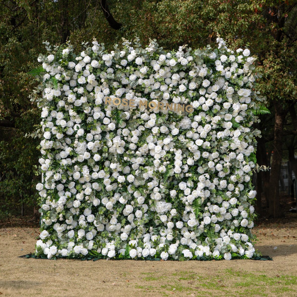 Orin: 5D Elegant White Silk Rose & Greenery Wall Roll-Up Fabric Backdrop for Grand Garden Weddings & Receptions