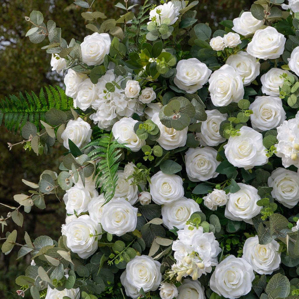 Orin: 5D Elegant White Silk Rose & Greenery Wall Roll-Up Fabric Backdrop for Grand Garden Weddings & Receptions