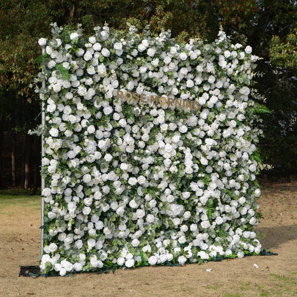 Orin: 5D Elegant White Silk Rose & Greenery Wall Roll-Up Fabric Backdrop for Grand Garden Weddings & Receptions