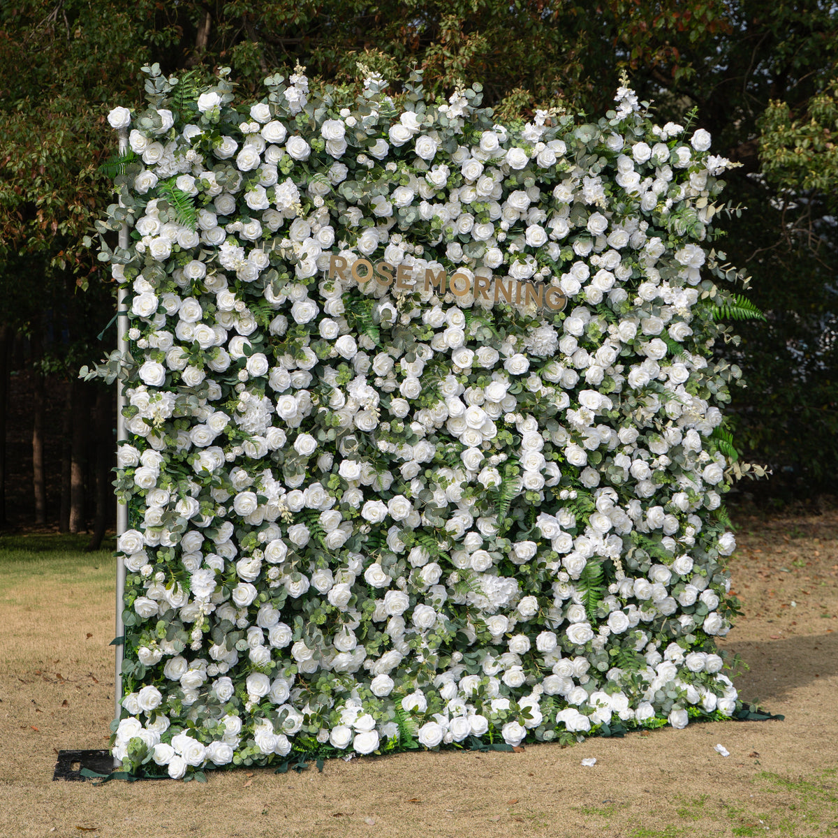 Orin: 5D Elegant White Silk Rose & Greenery Wall Roll-Up Fabric Backdrop for Grand Garden Weddings & Receptions