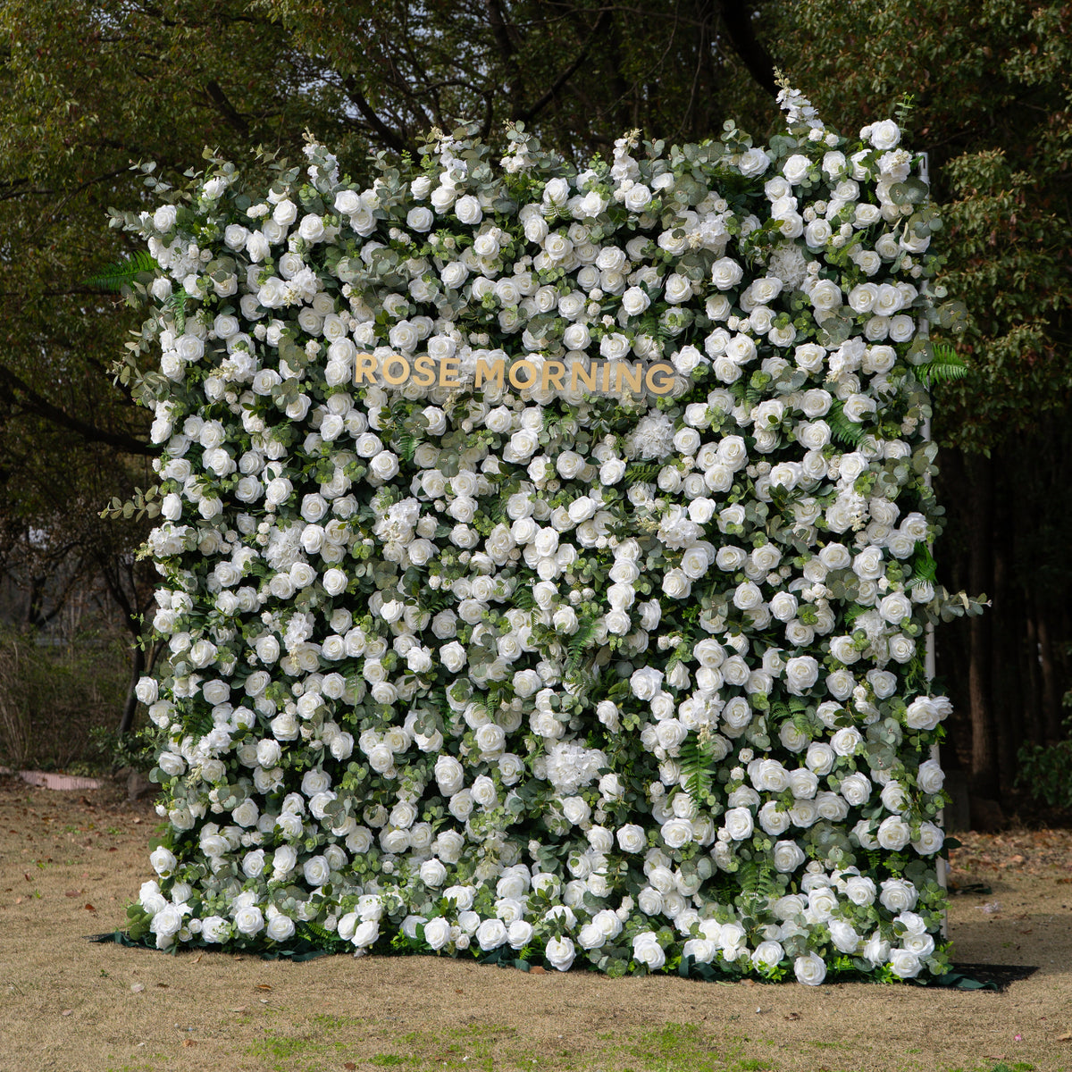 Orin: 5D Elegant White Silk Rose & Greenery Wall Roll-Up Fabric Backdrop for Grand Garden Weddings & Receptions