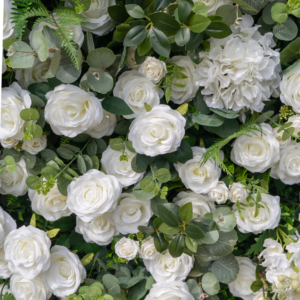 Orin: 5D Elegant White Silk Rose & Greenery Wall Roll-Up Fabric Backdrop for Grand Garden Weddings & Receptions